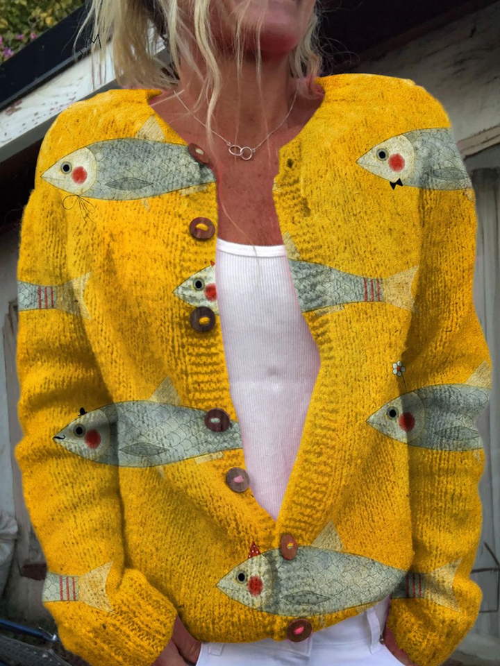 Anouk | Cardigan Jaune Imprimé Poissons