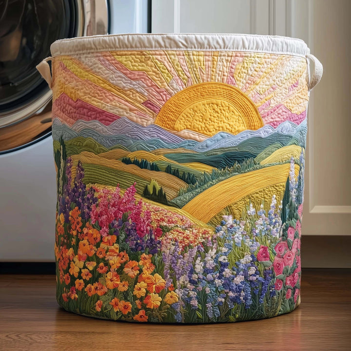 Mélanie | Panier à Linge Matelassé Lever de Soleil sur une Prairie Fleurie