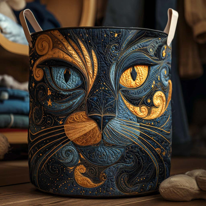 Estelle | Panier à Linge Matelassé Chat sous un Ciel Étoilé