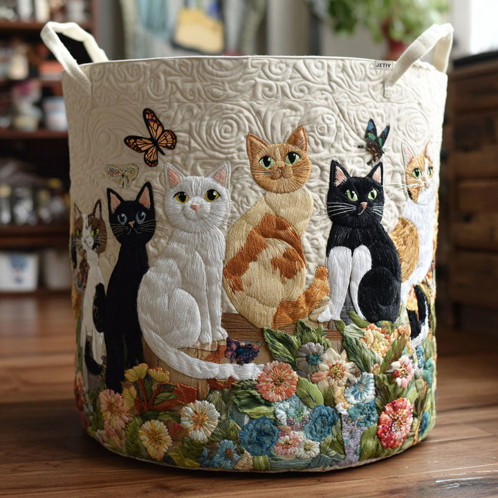 Éloïse | Panier à Linge Matelassé Chats parmi les Fleurs du Jardin