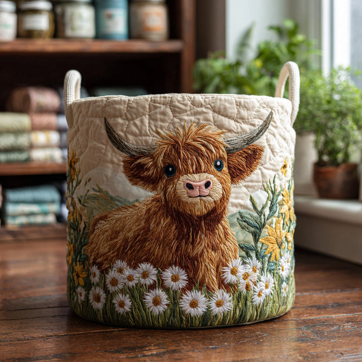 Gabrielle | Panier à Linge Matelassé Vache des Highlands entre les Fleurs