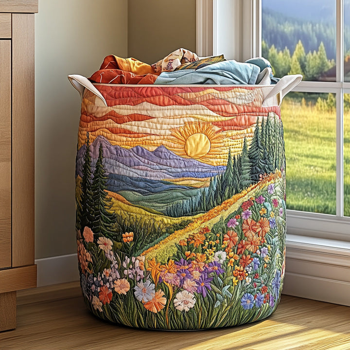 Rosine | Panier à Linge Matelassé Lever de Soleil entre Montagnes et Fleurs