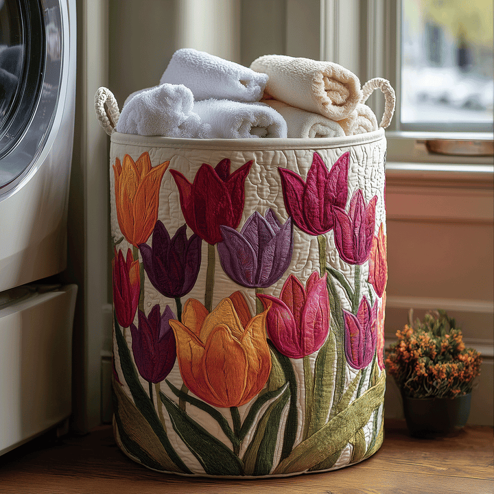 Sylvie | Panier à Linge Matelassé Tulipes en Fleurs