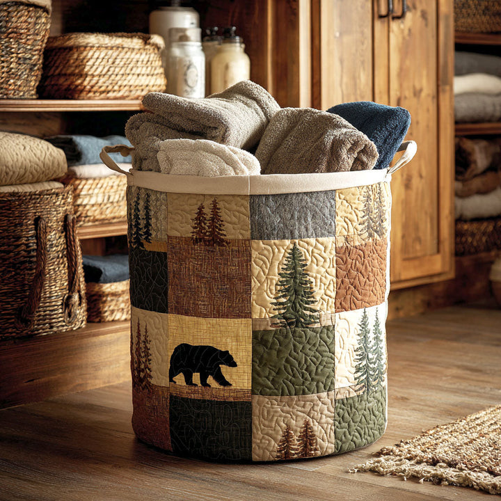 Karine | Panier à Linge Matelassé Forêt en Patchwork