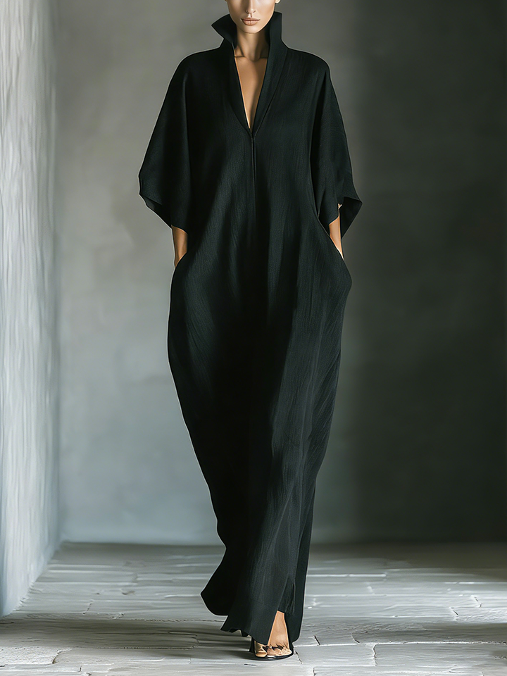 Aliénor | Maxi Robe Noire Manches Kimono