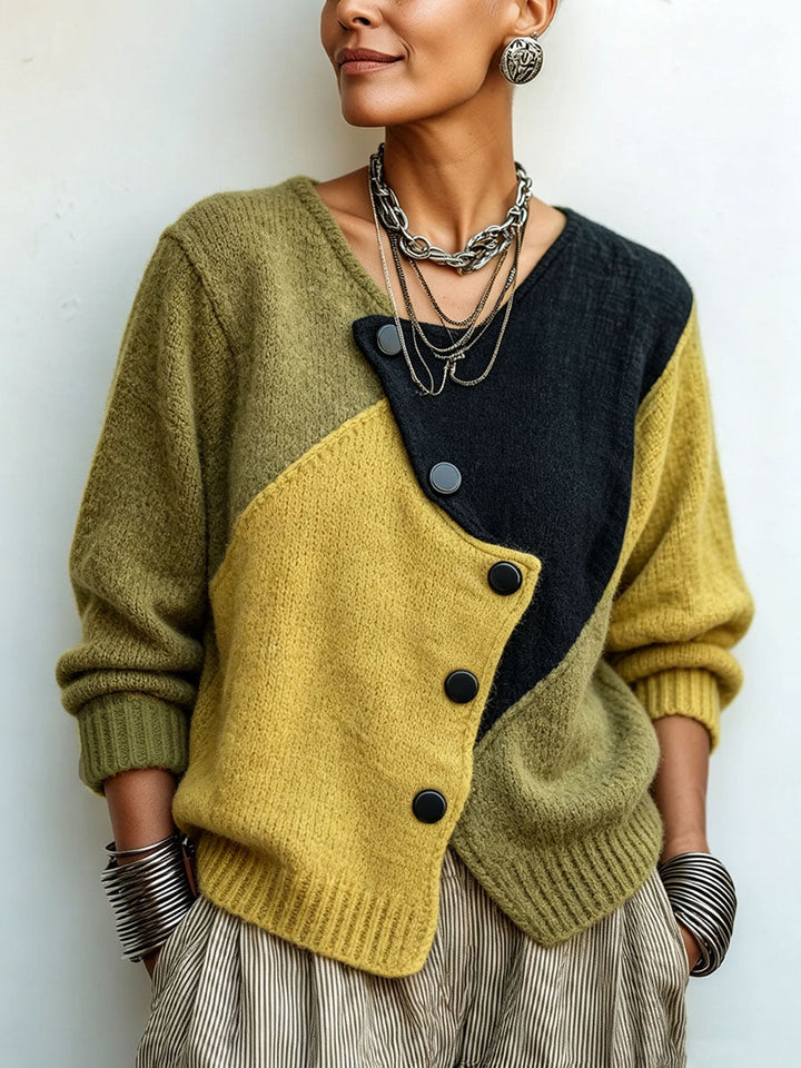 Elvire | Pull Color-Block Asymétrique à Boutons